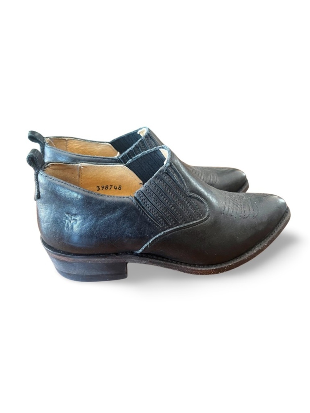 Frye Black Leather Ankle Booties Slip-On Low Heel Western Minimalist shortie
